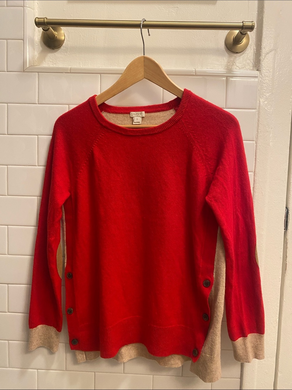 J. Crew Vintage Red & Tan Color block Sweater with Elbow Patches